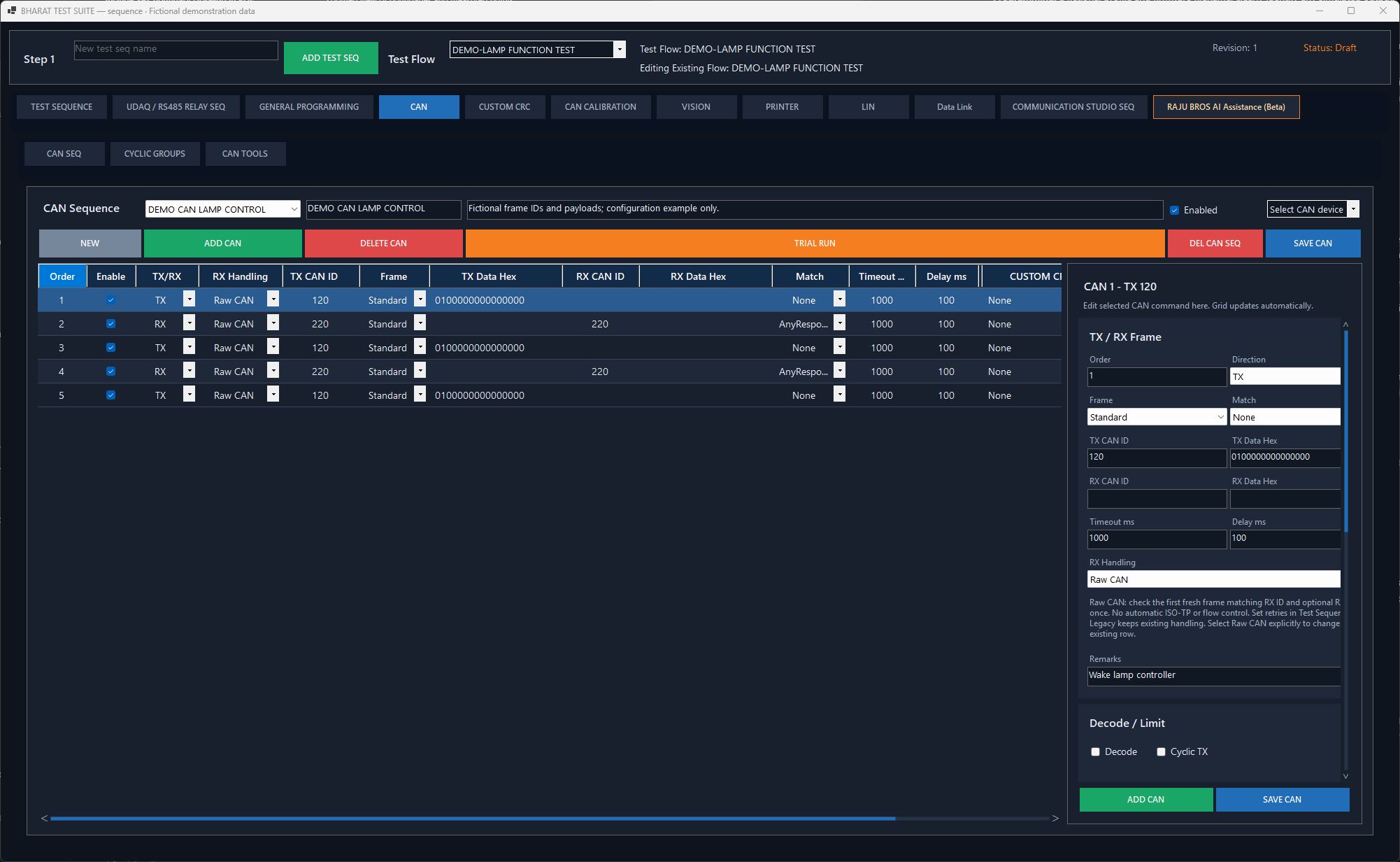 CAN sequence editor populated with five fictional TX and RX commands, standard frame IDs, payloads, timeout and delay values.