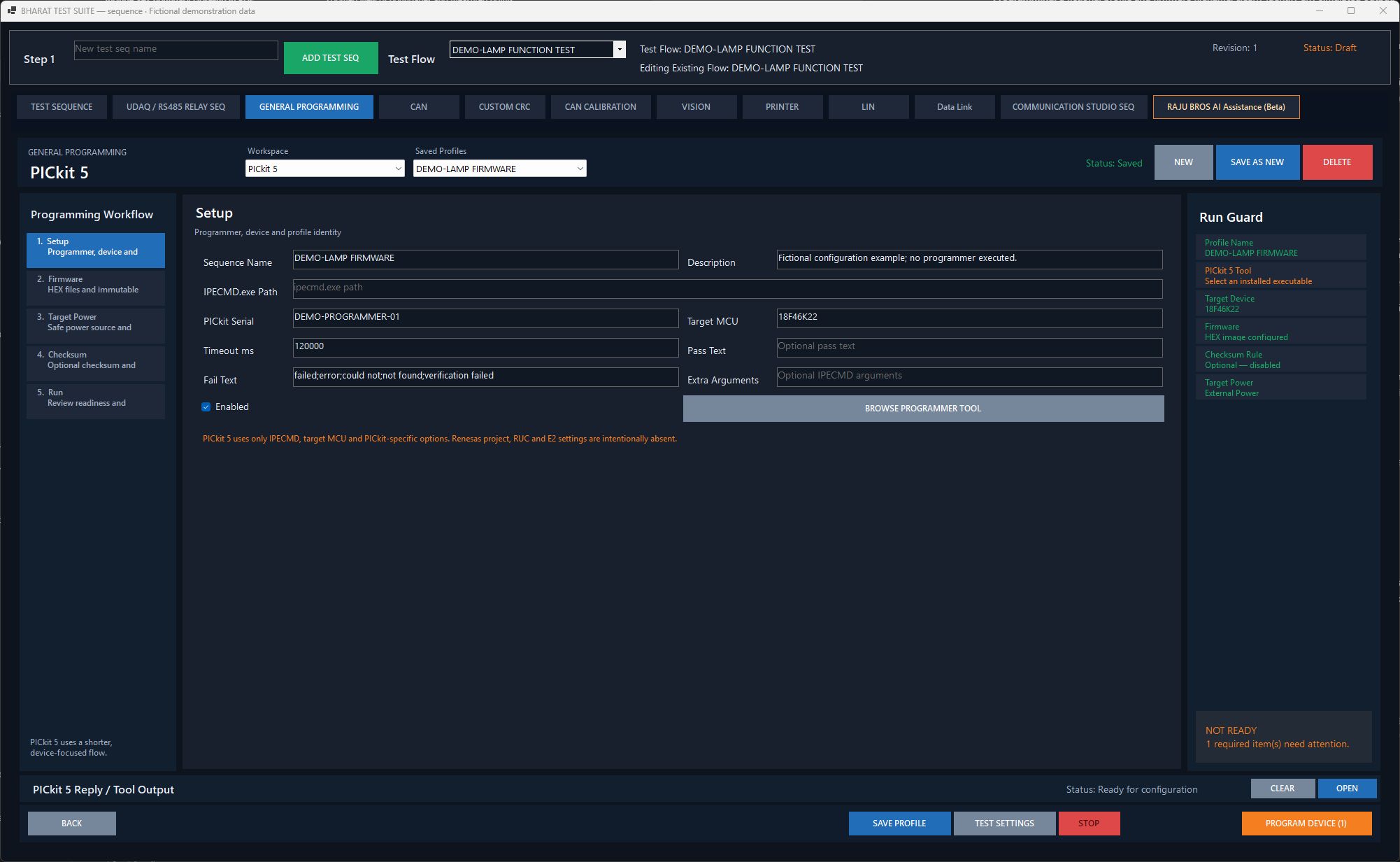 General Programming with a saved fictional PICkit 5 profile, target MCU, demo tool serial and firmware configuration.